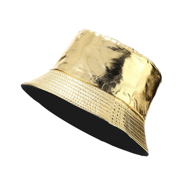  Chic Spectrum PU Leather Bucket Hat - Golden