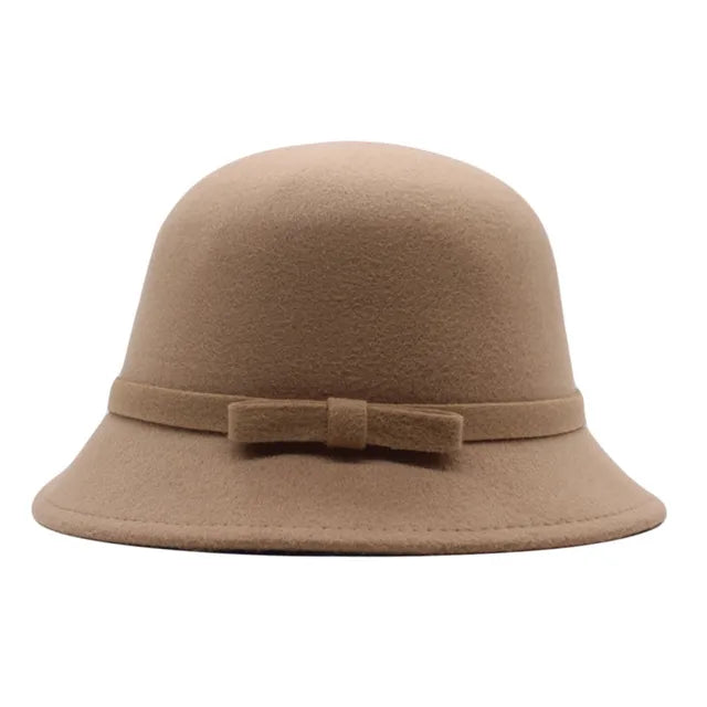Classic Bow Accent Wool Cloche Hat - Beige