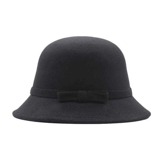 Classic Bow Accent Wool Cloche Hat - Black