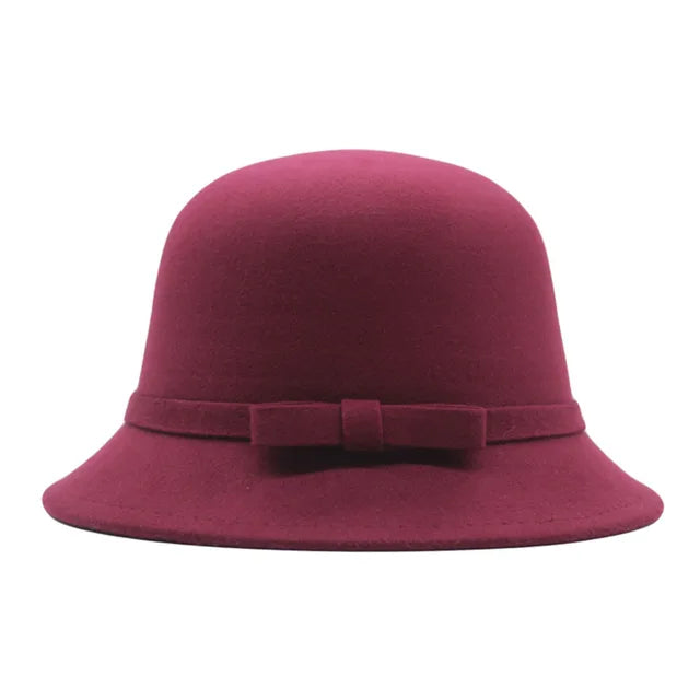 Classic Bow Accent Wool Cloche Hat - Maroon
