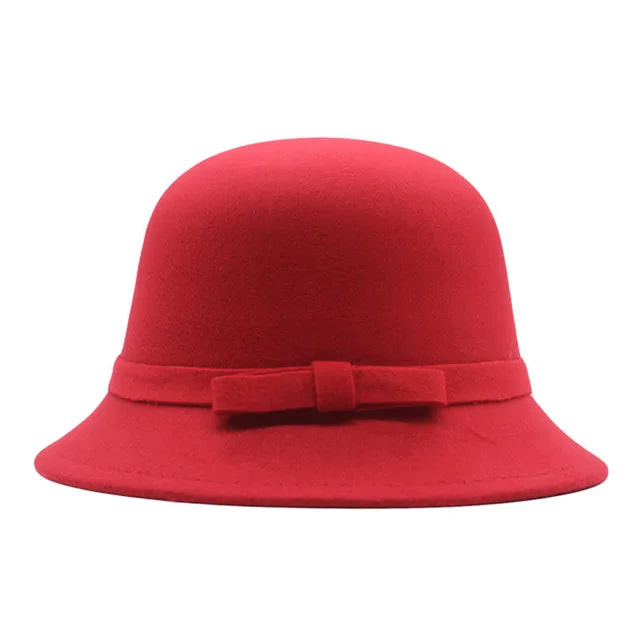 Classic Bow Accent Wool Cloche Hat - Red