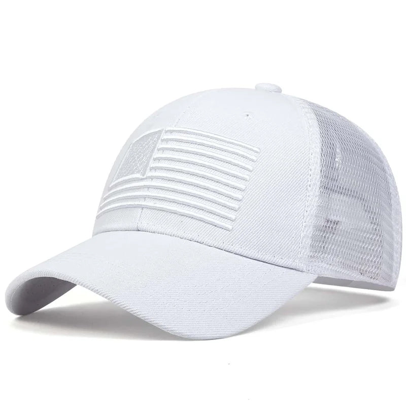 Classic Embroidered USA Flag Trucker Hat - White 
