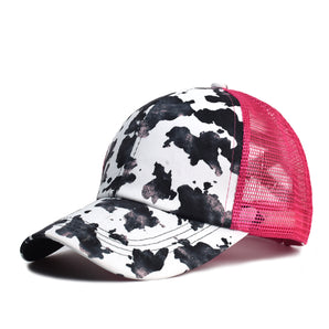 Cow Print Trucker Hat with ponytail - Pink