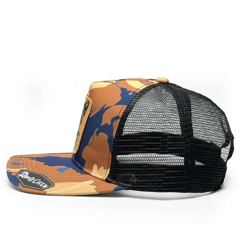 Designer trucker hat with patch side view