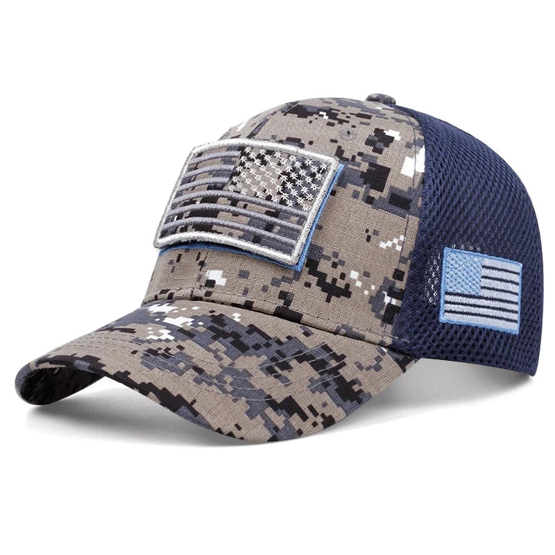 Digital Camo American Flag Patch Trucker Hat Navy Blue