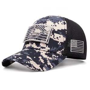 Digital Camo American Flag Patch Trucker Hat Navy Blue Black
