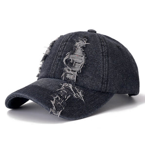 Distressed Denim Baseball Cap - Black  