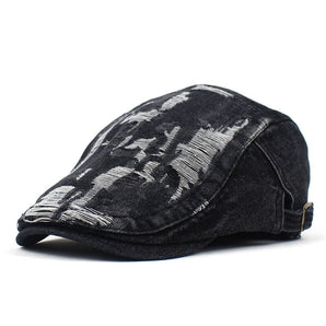 Distressed Denim Newsboy Cap - Black 