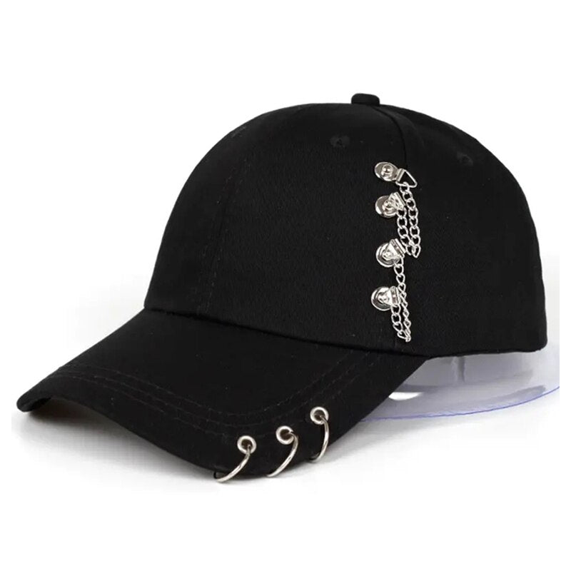 Edgy Baseball Cap with Metal Ring Accents – Black