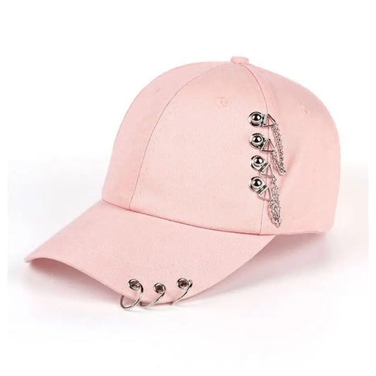 Edgy Baseball Cap with Metal Ring Accents – Pink