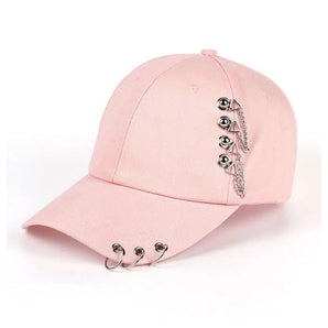 Edgy Baseball Cap with Metal Ring Accents – Pink