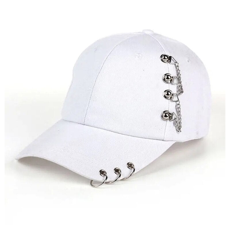 Edgy Baseball Cap with Metal Ring Accents – White