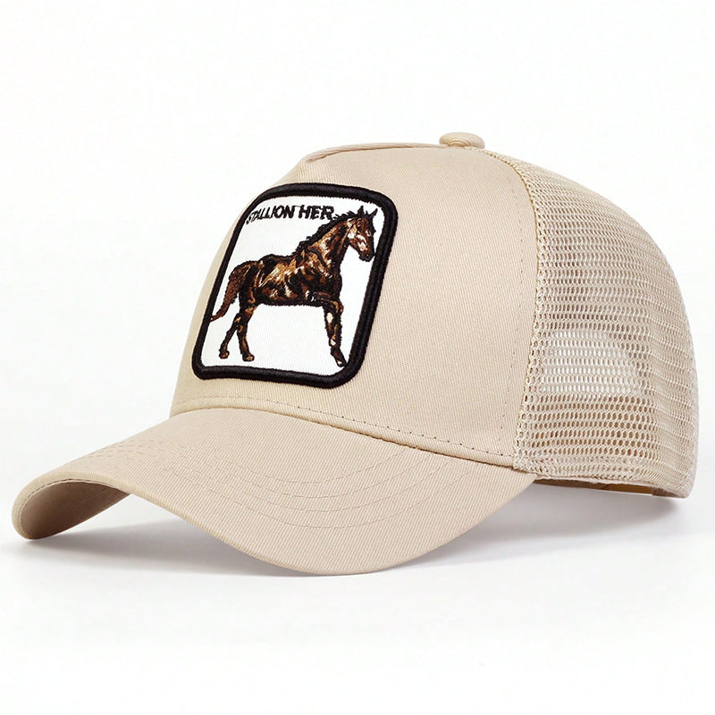 Embroidered Horse Patch Trucker Hat - Beige