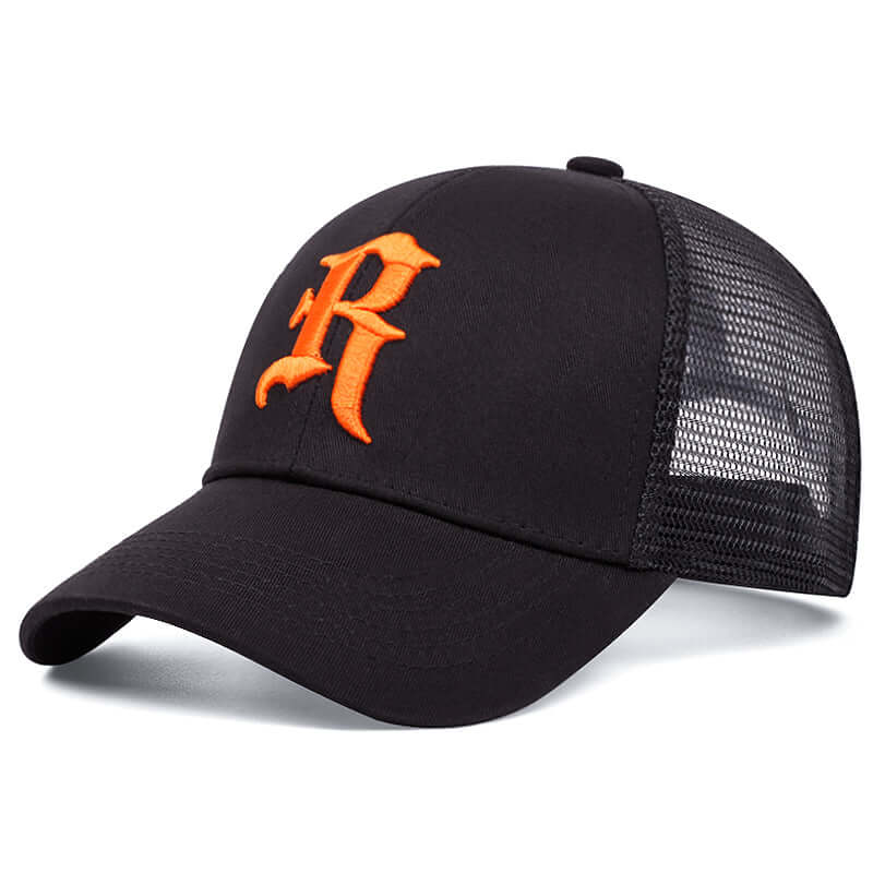 Embroidered Letter R Trucker Hat - Black