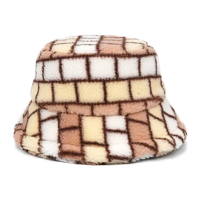 Faux Fur Checkerboard Bucket Hat - 1