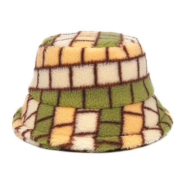 Faux Fur Checkerboard Bucket Hat - 2