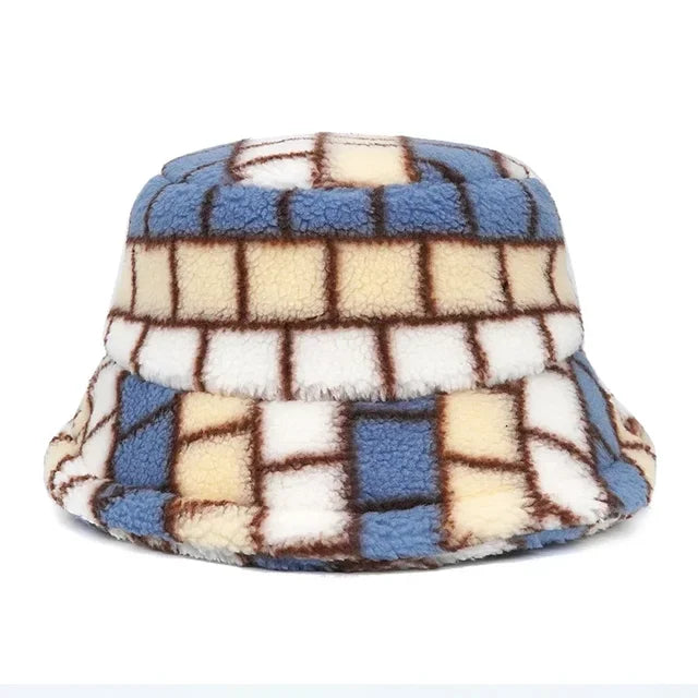 Faux Fur Checkerboard Bucket Hat - 3