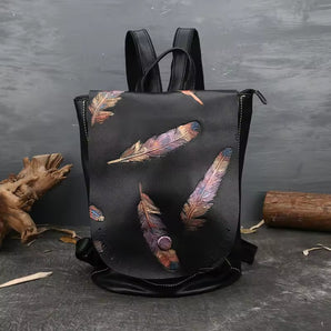 Feather Touch Vintage Embossed Leather Backpack for Women - Black