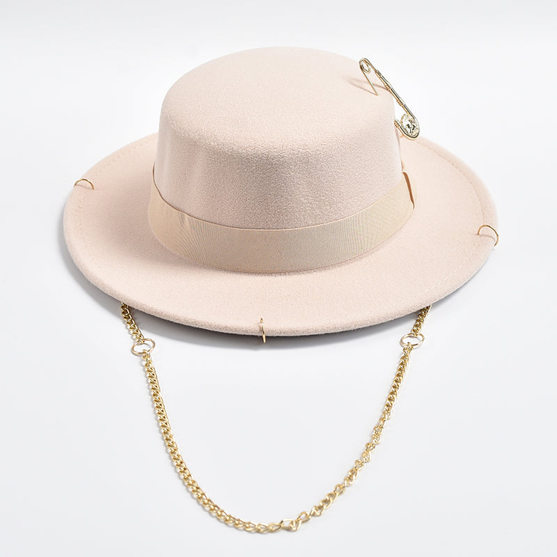Fedora Hat With Golden Grace Chain - Beige 