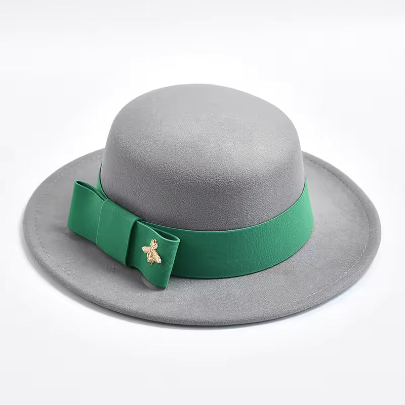 Flat-Top Fedora Hat with Ribbon Bow & Bee Accent - Gray