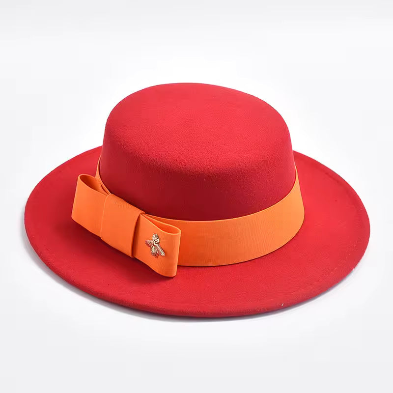 Flat-Top Fedora Hat with Ribbon Bow & Bee Accent - Red