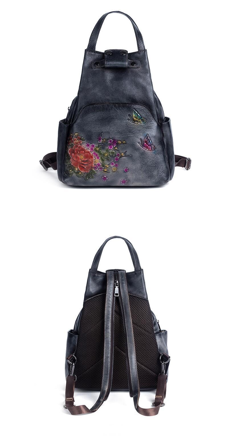 Floral Embossed Leather Backpack for Women - Black Front and back
