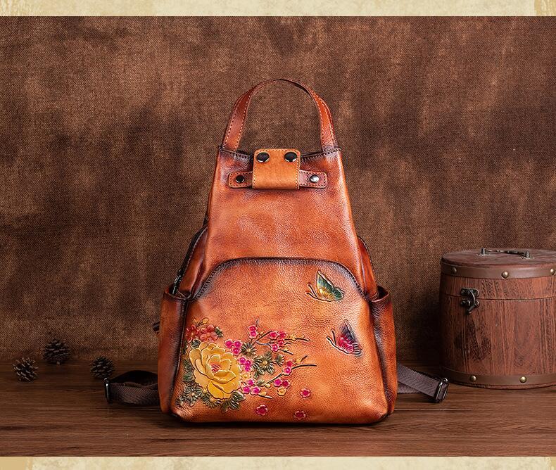 Floral Embossed Leather Backpack for Women - Brown with same background
