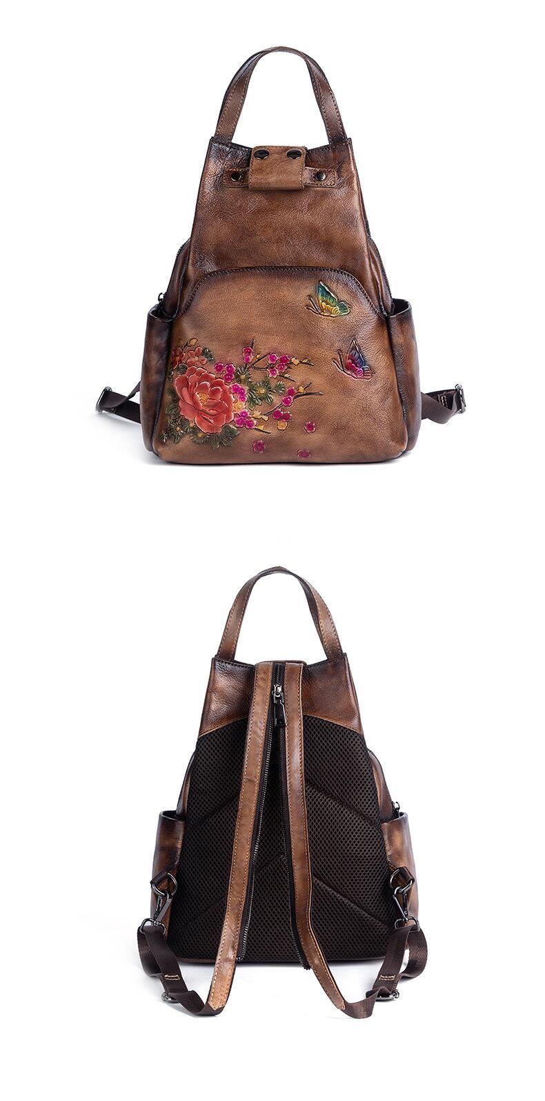 Floral Embossed Leather Backpack for Women - Coffee Front and back