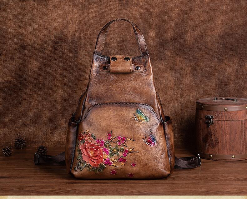 Floral Embossed Leather Backpack for Women - Coffee with Brown background