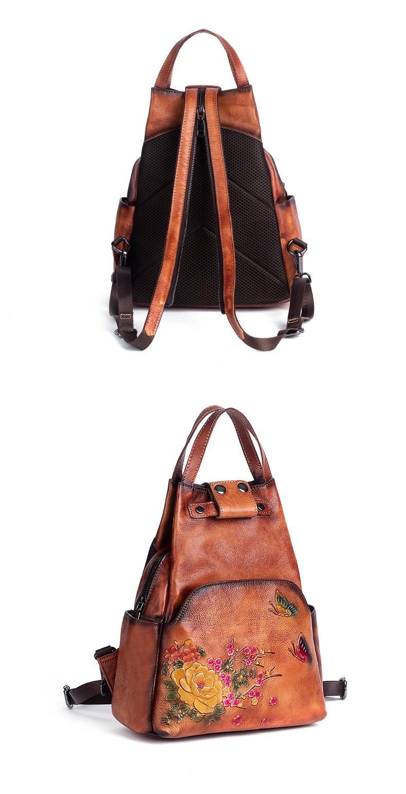 Floral Embossed Leather Backpack for Women - Front and back