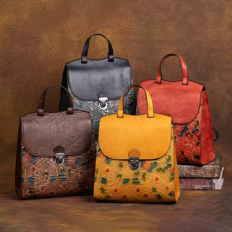 Handcrafted Floral Leather Handbag Backpack Women - All Colors