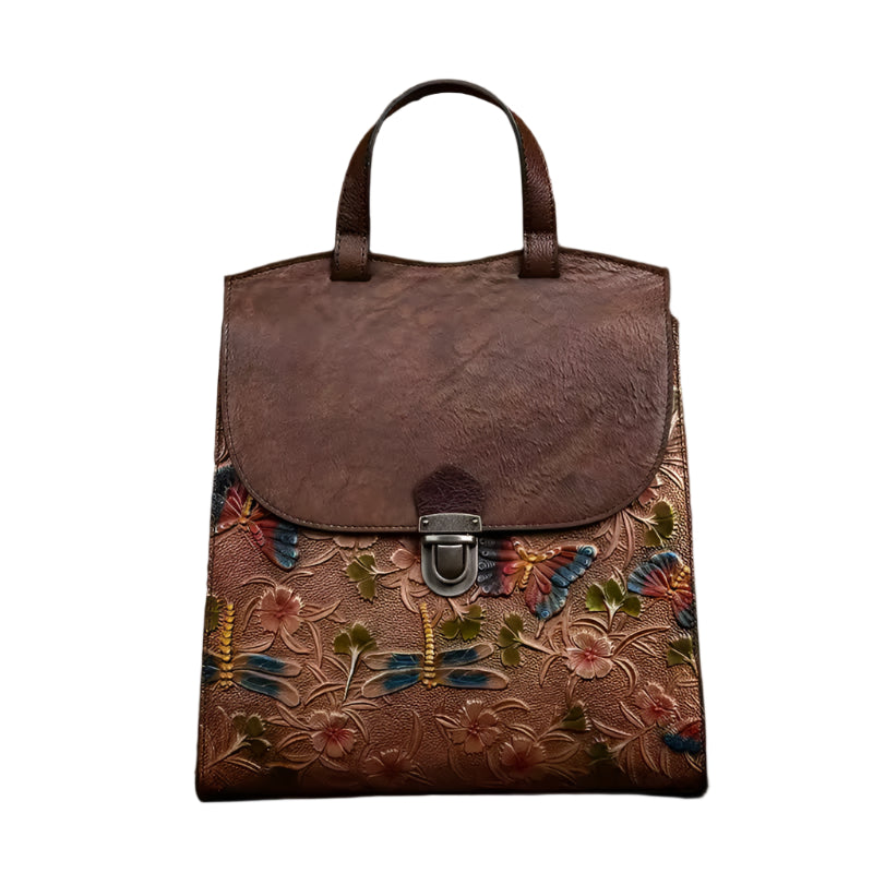 Handcrafted Floral Leather Handbag Backpack Women - Brown