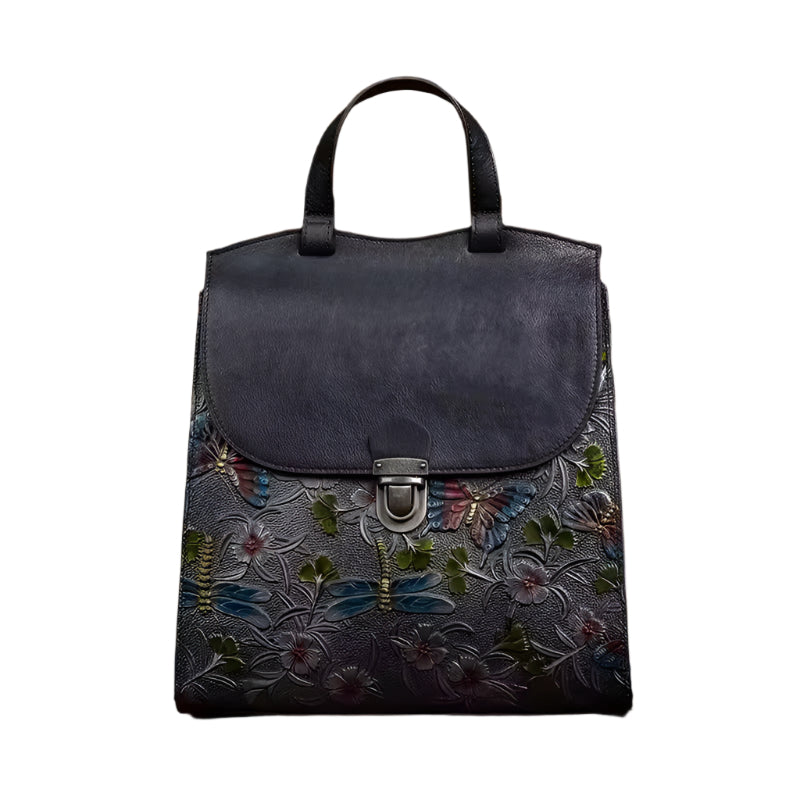Handcrafted Floral Leather Handbag Backpack Women - Grey