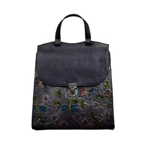 Handcrafted Floral Leather Handbag Backpack Women - Grey