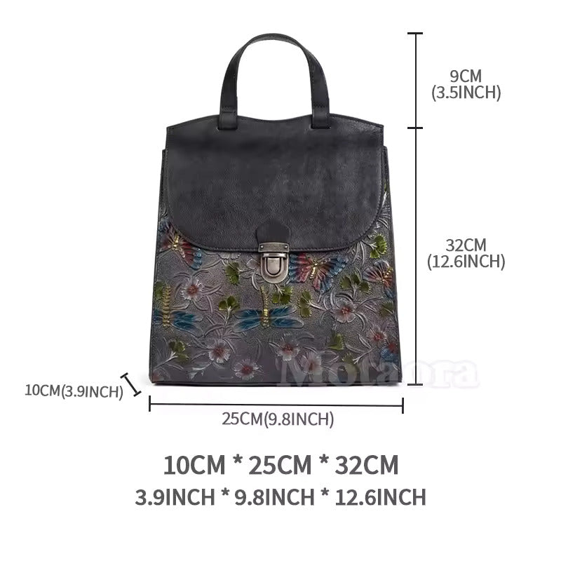 Handcrafted Floral Leather Handbag Backpack Women - Size