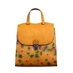 Handcrafted Floral Leather Handbag Backpack Women - Yellow