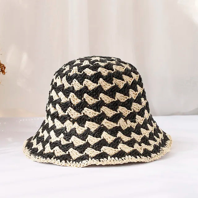 Handwoven Chevron Straw Bucket Hat - Black