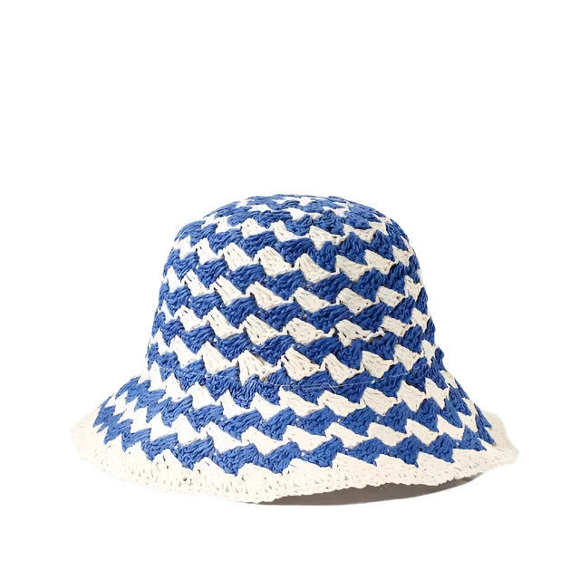 Handwoven Chevron Straw Bucket Hat - Blue