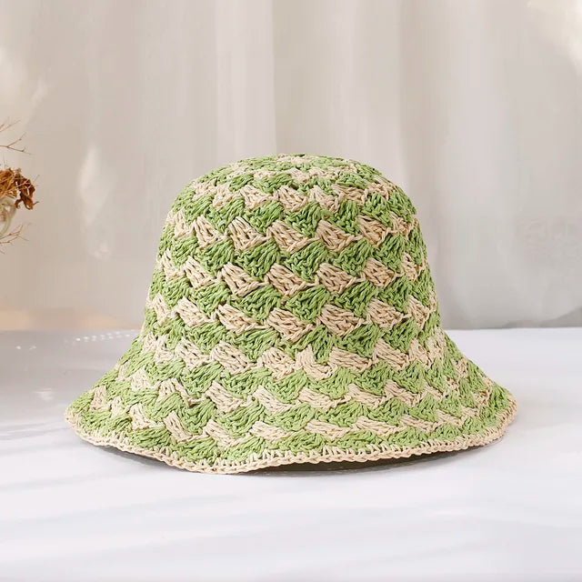 Handwoven Chevron Straw Bucket Hat - Green