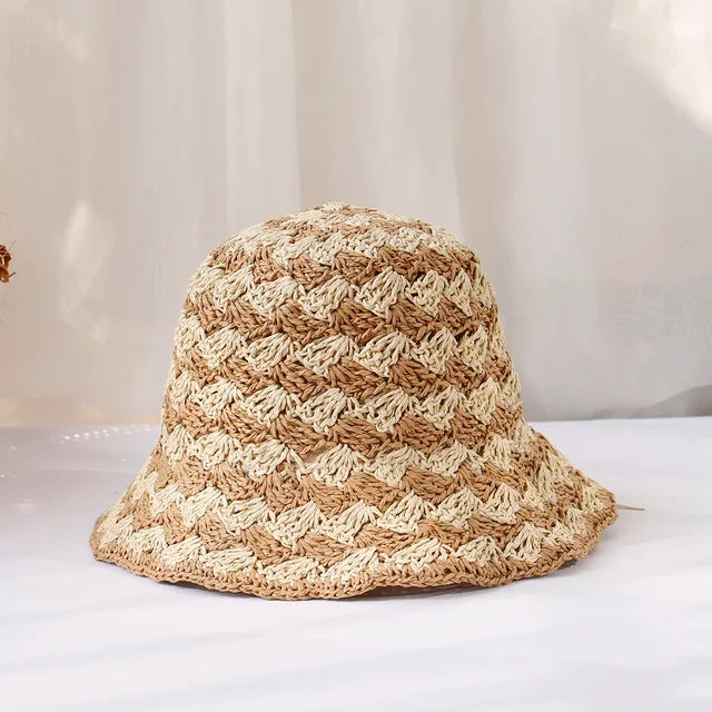 Handwoven Chevron Straw Bucket Hat - Khaki