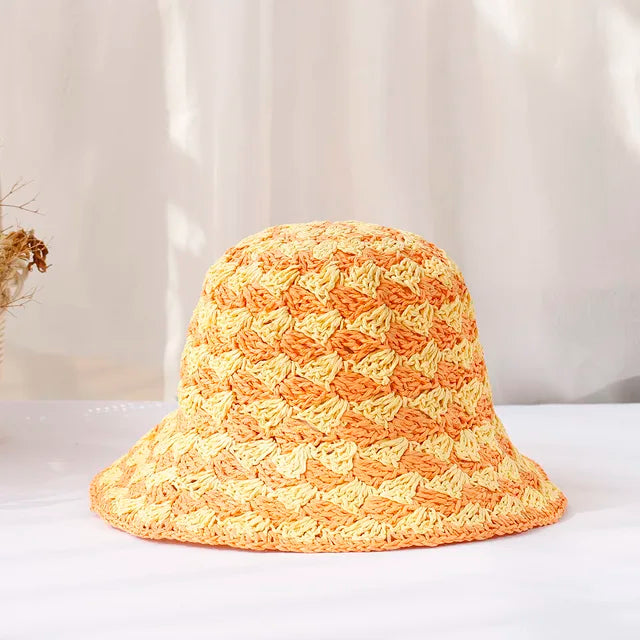 Handwoven Chevron Straw Bucket Hat - Orange
