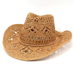 Handwoven Crochet Cowgirl Hat - Khaki