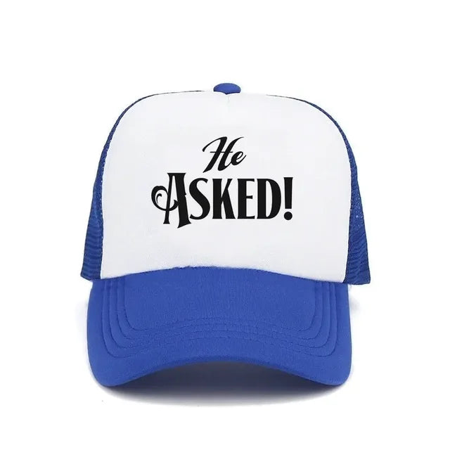 He Asked! Engagement Trucker Hat - Blue