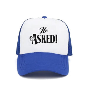 He Asked! Engagement Trucker Hat - Blue