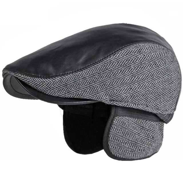 Luxe Leather & Tweed Flat Cap - Black with earflap