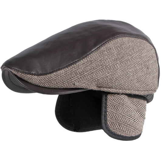 Luxe Leather & Tweed Flat Cap - brown with earflap