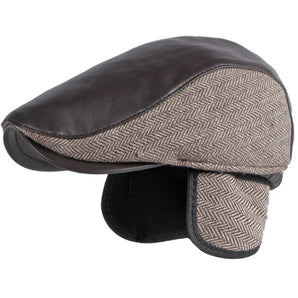 Luxe Leather & Tweed Flat Cap - brown with earflap