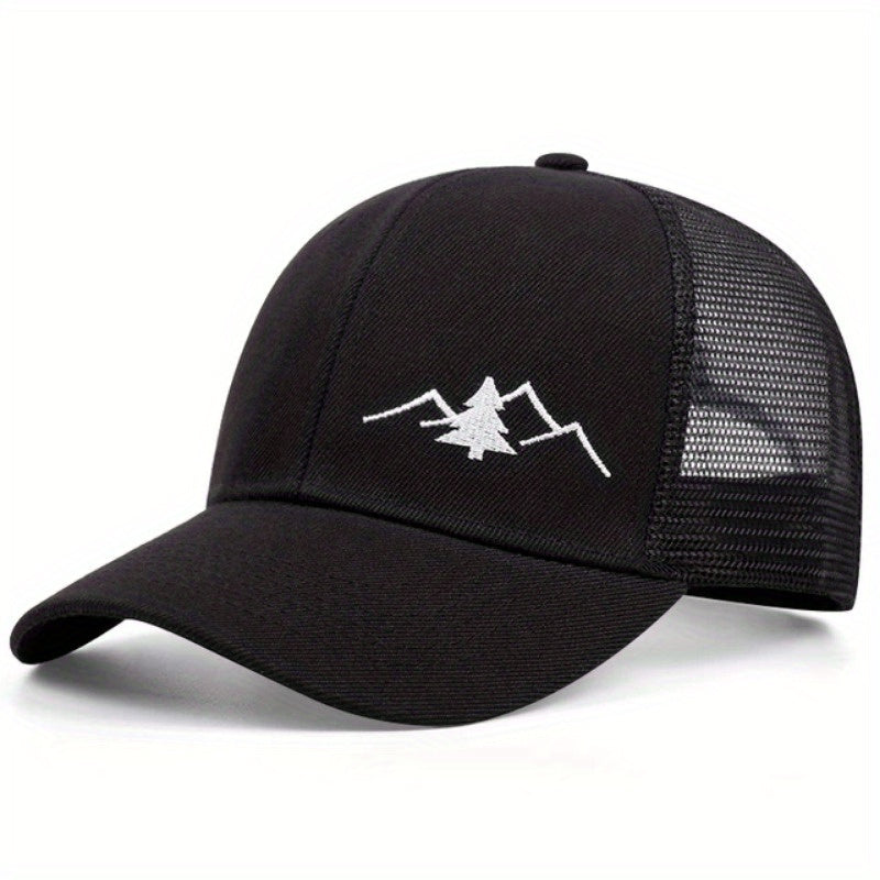 Mountain Tree Embroidery Trucker Hat - Black