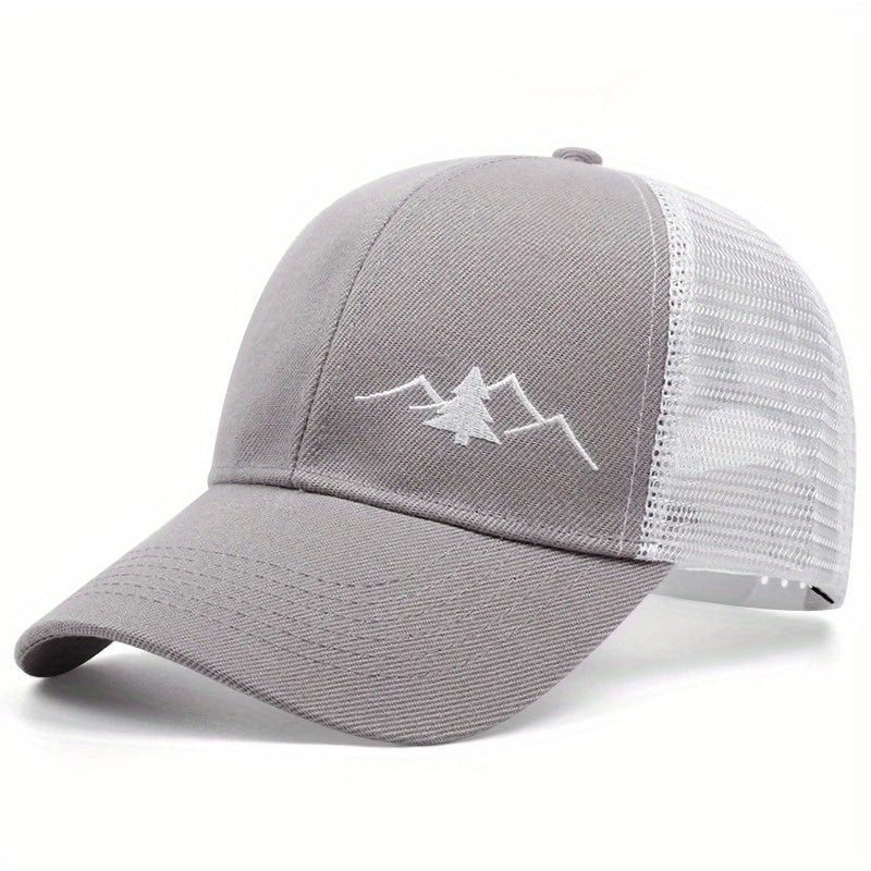 Mountain Tree Embroidery Trucker Hat - Gray