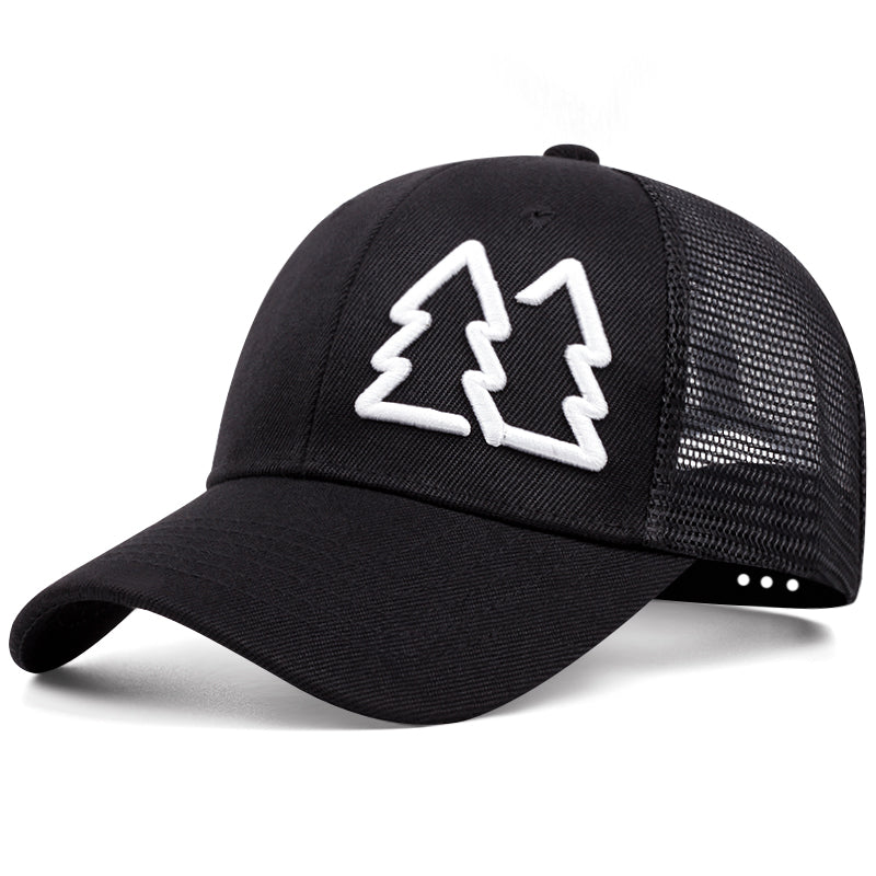 Nature-Inspired Trucker Hat with Tree Embroidery - Black Hat
